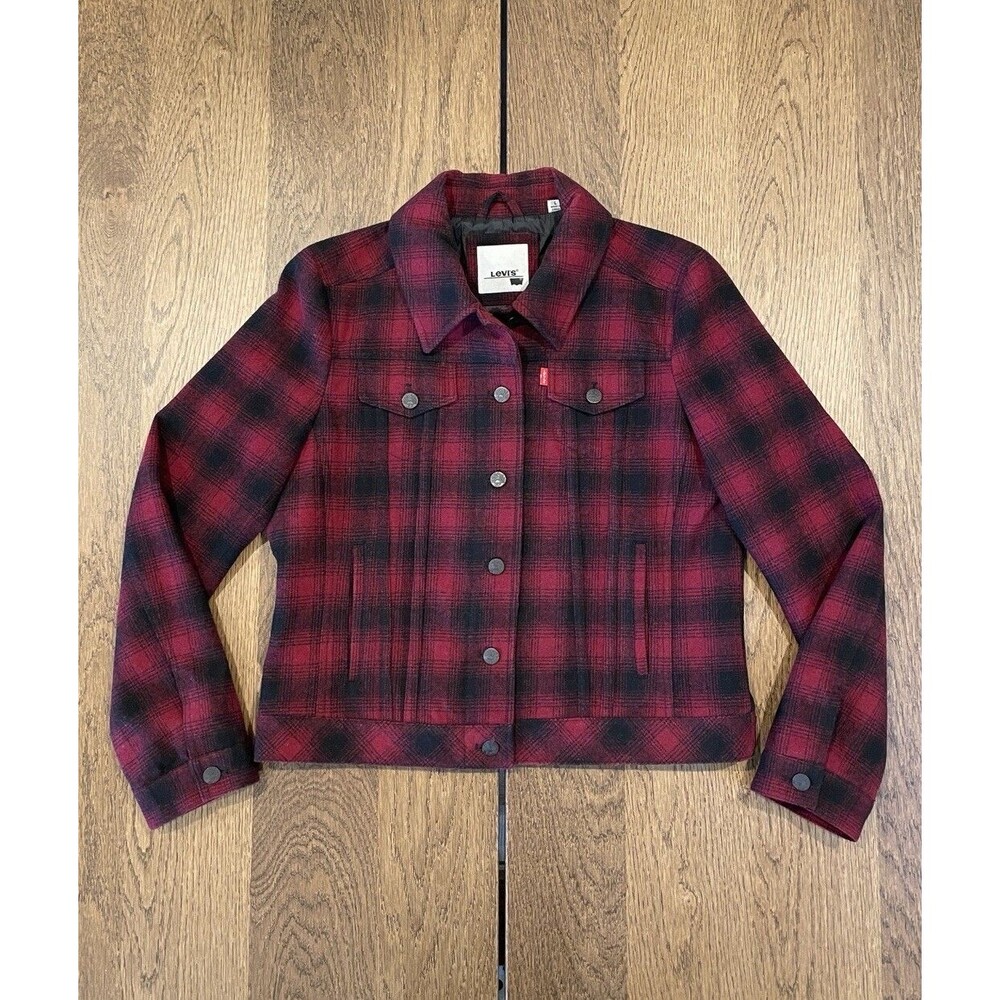 Levi's Wool Blend Classic Trucker Jacket Women’s Size L Red Black Buffalo Plaid